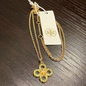 Tory Burch Clover Gold Pendant With Green and Yellow Crystal Necklace